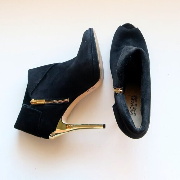 Michael Kors Black Suede Leather Peep Toe Gold Heel Ankle Boots / Booties Sz. 10 - Picture 13 of 16
